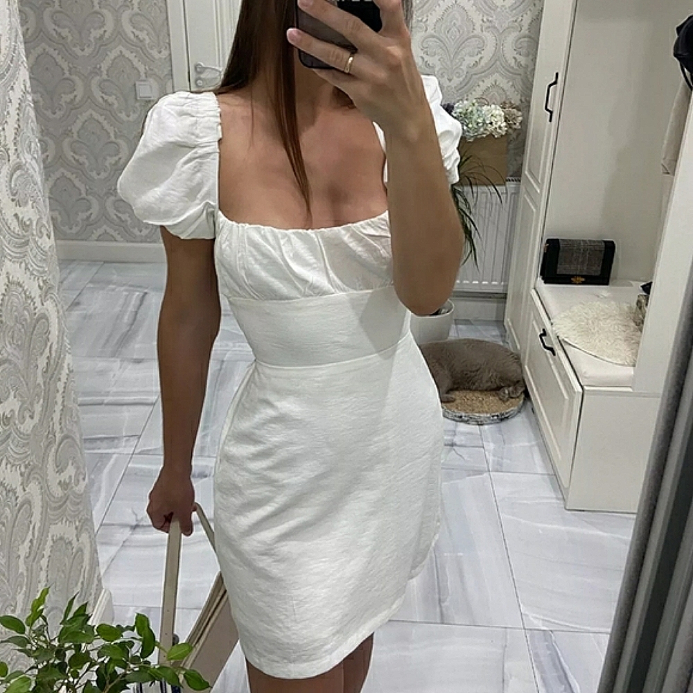 White Puff Sleeve Square Neck Lace Up Back A-line Mini Dress - Picture 9 of 9
